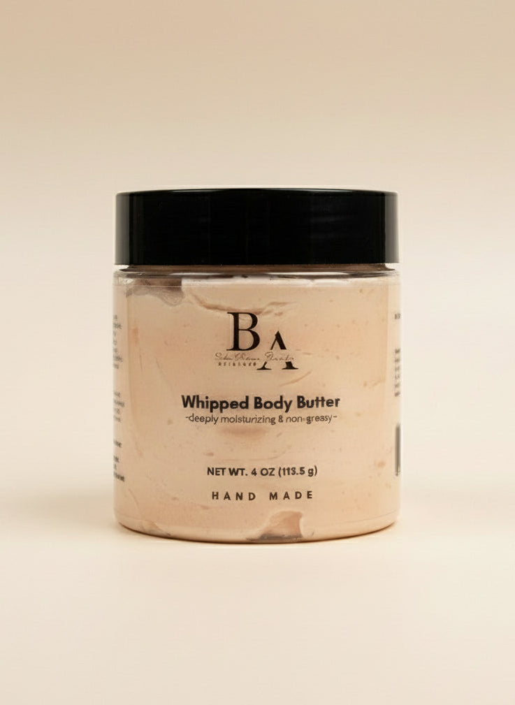 Jar of whipped body butter with 'BA' branding on a neutral background