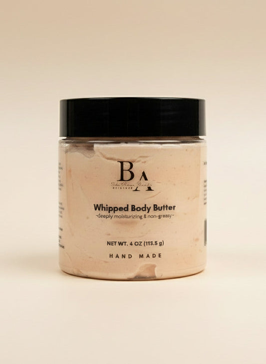 Jar of whipped body butter with 'BA' branding on a neutral background